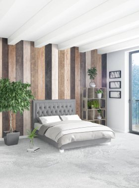 Beyaz yatak odası en az stil iç tasarım ahşap duvar ve gri Kanepeli. 3D render.