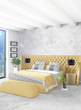 Beyaz yatak odası en az stil iç tasarım ahşap duvar ve gri Kanepeli. 3D render.