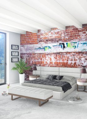 Beyaz yatak odası en az stil iç tasarım ahşap duvar ve gri Kanepeli. 3D render.