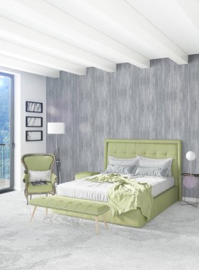 Beyaz yatak odası en az stil iç tasarım ahşap duvar ve gri Kanepeli. 3D render.