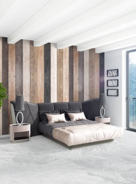 Beyaz yatak odası en az stil iç tasarım ahşap duvar ve gri Kanepeli. 3D render.