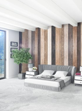 Beyaz yatak odası en az stil iç tasarım ahşap duvar ve gri Kanepeli. 3D render.