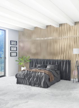 Beyaz yatak odası en az stil iç tasarım ahşap duvar ve gri Kanepeli. 3D render.