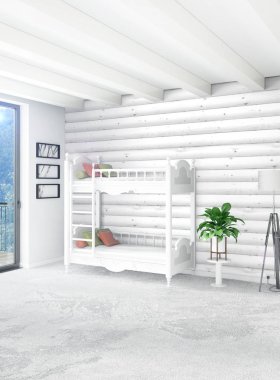 Beyaz yatak odası en az stil iç tasarım ahşap duvar ve gri Kanepeli. 3D render.