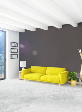 Beyaz yatak odası en az stil iç tasarım ahşap duvar ve gri Kanepeli. 3D render.