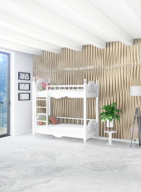 Beyaz yatak odası en az stil iç tasarım ahşap duvar ve gri Kanepeli. 3D render.