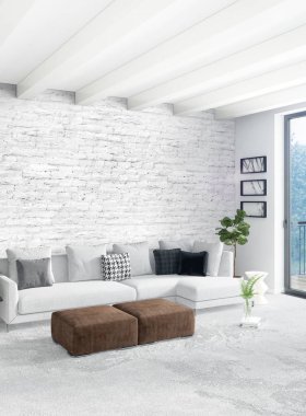 Beyaz yatak odası en az stil iç tasarım ahşap duvar ve gri Kanepeli. 3D render.