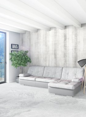 Beyaz yatak odası en az stil iç tasarım ahşap duvar ve gri Kanepeli. 3D render.