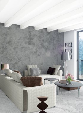 Beyaz yatak odası en az stil iç tasarım ahşap duvar ve gri Kanepeli. 3D render.