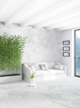 Beyaz yatak odası en az stil iç tasarım ahşap duvar ve gri Kanepeli. 3D render.