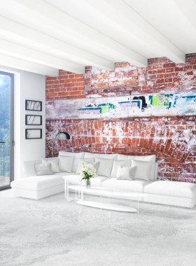 Beyaz yatak odası en az stil iç tasarım ahşap duvar ve gri Kanepeli. 3D render.