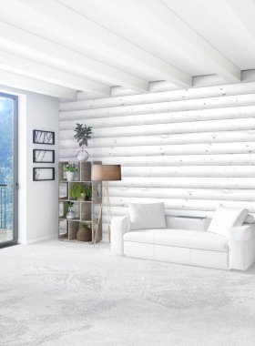 Beyaz yatak odası en az stil iç tasarım ahşap duvar ve gri Kanepeli. 3D render.