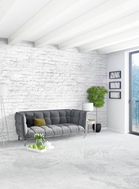 Beyaz yatak odası en az stil iç tasarım ahşap duvar ve gri Kanepeli. 3D render.