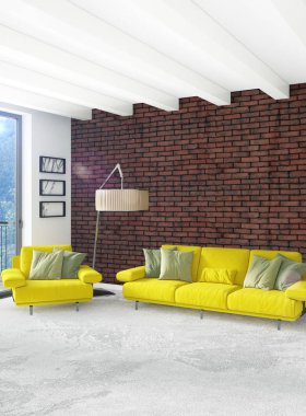 Beyaz yatak odası en az stil iç tasarım ahşap duvar ve gri Kanepeli. 3D render.