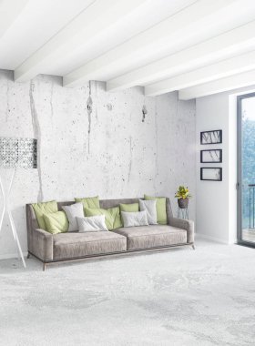 Beyaz yatak odası en az stil iç tasarım ahşap duvar ve gri Kanepeli. 3D render.