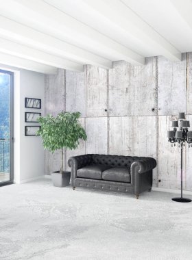 Beyaz yatak odası en az stil iç tasarım ahşap duvar ve gri Kanepeli. 3D render.