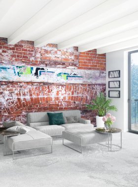 Beyaz yatak odası en az stil iç tasarım ahşap duvar ve gri Kanepeli. 3D render.