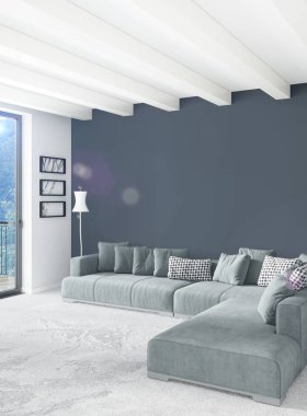 Beyaz yatak odası en az stil iç tasarım ahşap duvar ve gri Kanepeli. 3D render.