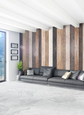 Beyaz yatak odası en az stil iç tasarım ahşap duvar ve gri Kanepeli. 3D render.