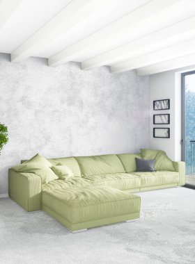 Beyaz yatak odası en az stil iç tasarım ahşap duvar ve gri Kanepeli. 3D render.