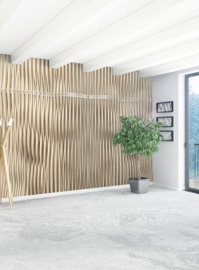 Beyaz yatak odası en az stil iç tasarım ahşap duvar ve gri Kanepeli. 3D render.