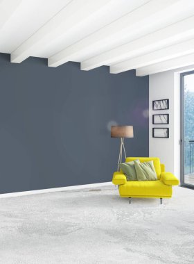 Beyaz yatak odası en az stil iç tasarım ahşap duvar ve gri Kanepeli. 3D render.