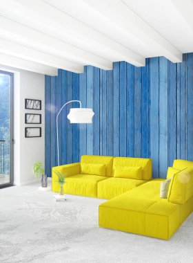 Beyaz yatak odası en az stil iç tasarım ahşap duvar ve gri Kanepeli. 3D render.