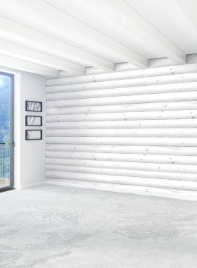 Beyaz yatak odası en az stil iç tasarım ahşap duvar ve gri Kanepeli. 3D render.