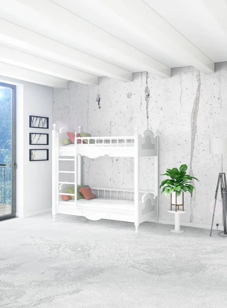 Beyaz yatak odası en az stil iç tasarım ahşap duvar ve gri Kanepeli. 3D render. 3D çizim