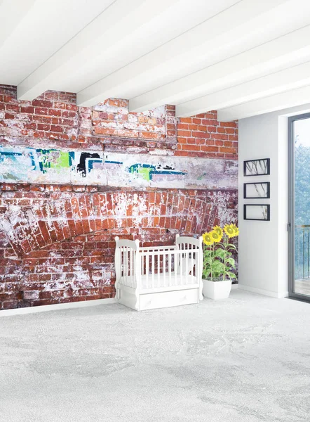 Beyaz yatak odası en az stil iç tasarım ahşap duvar ve gri Kanepeli. 3D render. 3D çizim