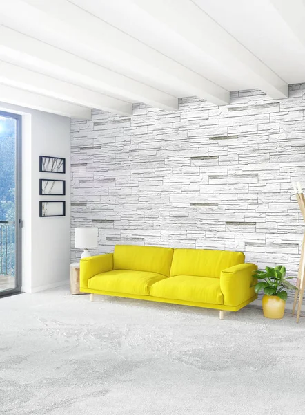 Beyaz yatak odası en az stil iç tasarım ahşap duvar ve gri Kanepeli. 3D render. 3D çizim