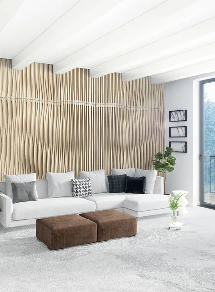 Beyaz yatak odası en az stil iç tasarım ahşap duvar ve gri Kanepeli. 3D render. 3D çizim