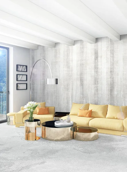 Beyaz yatak odası en az stil iç tasarım ahşap duvar ve gri Kanepeli. 3D render. 3D çizim