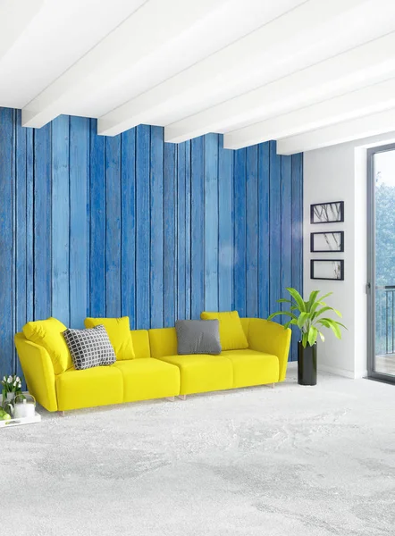 Beyaz yatak odası en az stil iç tasarım ahşap duvar ve gri Kanepeli. 3D render. 3D çizim