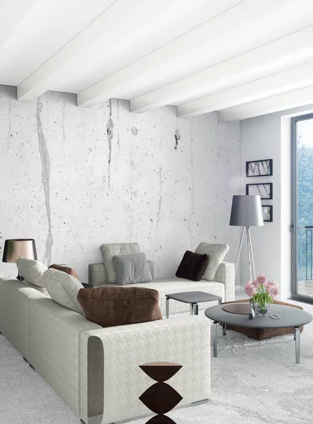 Beyaz yatak odası en az stil iç tasarım ahşap duvar ve gri Kanepeli. 3D render. 3D çizim