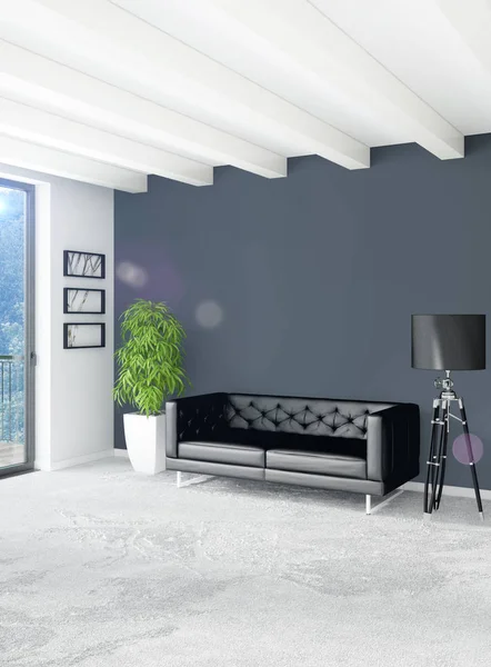 Dormitorio blanco de estilo minimalista Diseño interior con pared de madera y sofá gris. Representación 3D. Ilustración 3D — Foto de Stock