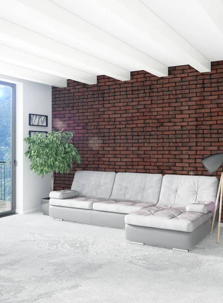 Beyaz yatak odası en az stil iç tasarım ahşap duvar ve gri Kanepeli. 3D render. 3D çizim