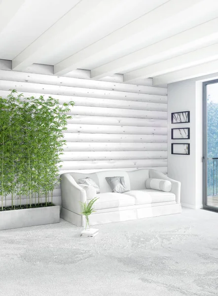 Beyaz yatak odası en az stil iç tasarım ahşap duvar ve gri Kanepeli. 3D render. 3D çizim