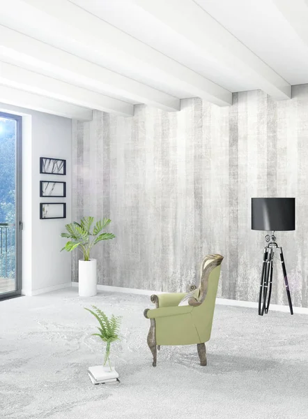 Beyaz yatak odası en az stil iç tasarım ahşap duvar ve gri Kanepeli. 3D render. 3D çizim