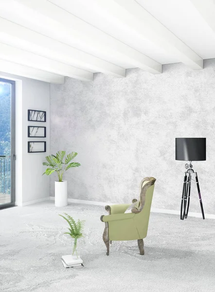 Beyaz yatak odası en az stil iç tasarım ahşap duvar ve gri Kanepeli. 3D render. 3D çizim