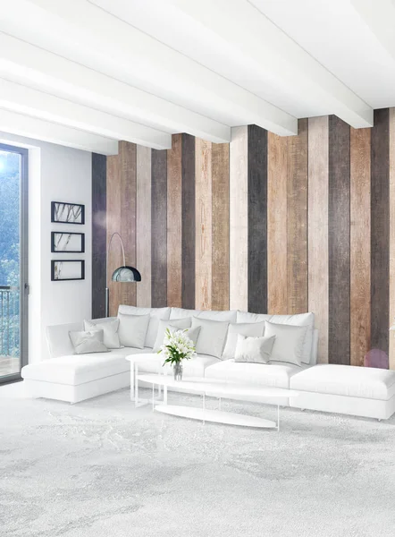 Beyaz yatak odası en az stil iç tasarım ahşap duvar ve gri Kanepeli. 3D render. 3D çizim