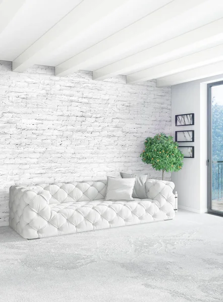 Beyaz yatak odası en az stil iç tasarım ahşap duvar ve gri Kanepeli. 3D render. 3D çizim