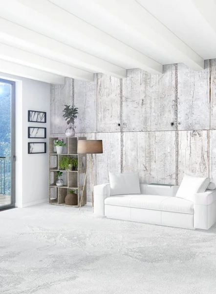 Beyaz yatak odası en az stil iç tasarım ahşap duvar ve gri Kanepeli. 3D render. 3D çizim