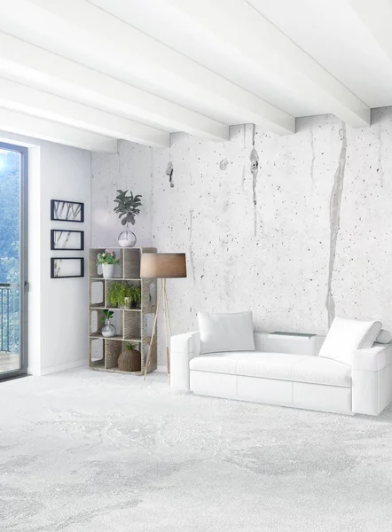 Beyaz yatak odası en az stil iç tasarım ahşap duvar ve gri Kanepeli. 3D render. 3D çizim