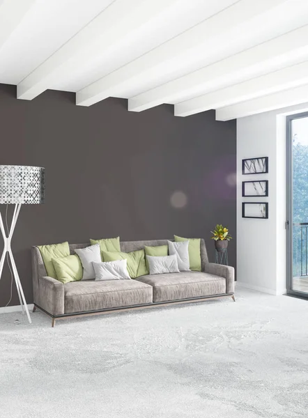 Beyaz yatak odası en az stil iç tasarım ahşap duvar ve gri Kanepeli. 3D render. 3D çizim