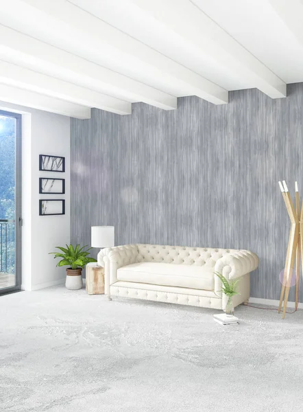 Beyaz yatak odası en az stil iç tasarım ahşap duvar ve gri Kanepeli. 3D render. 3D çizim