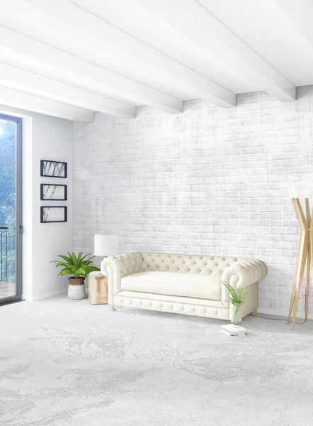 Beyaz yatak odası en az stil iç tasarım ahşap duvar ve gri Kanepeli. 3D render. 3D çizim