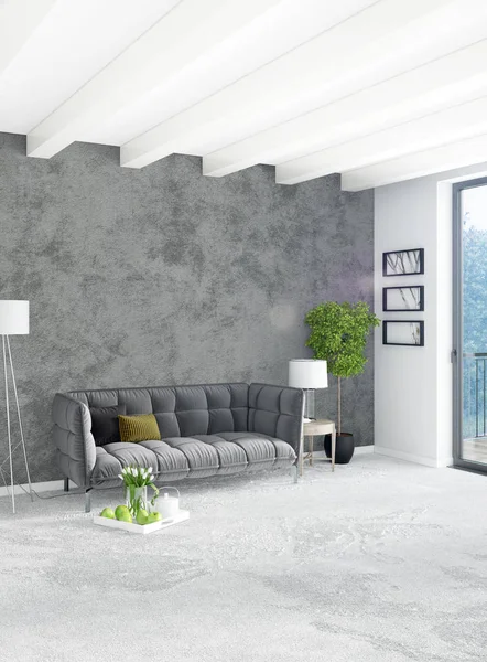 Beyaz yatak odası en az stil iç tasarım ahşap duvar ve gri Kanepeli. 3D render. 3D çizim