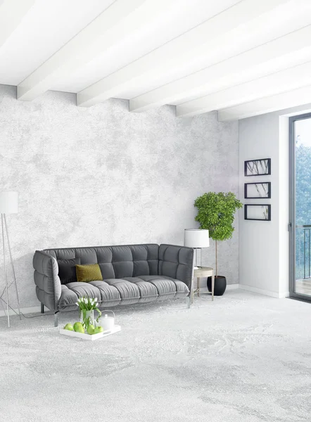 Beyaz yatak odası en az stil iç tasarım ahşap duvar ve gri Kanepeli. 3D render. 3D çizim