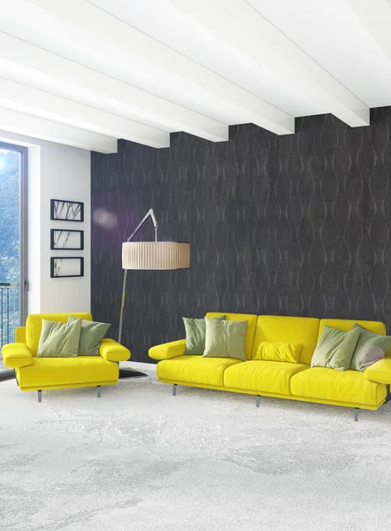 Beyaz yatak odası en az stil iç tasarım ahşap duvar ve gri Kanepeli. 3D render. 3D çizim